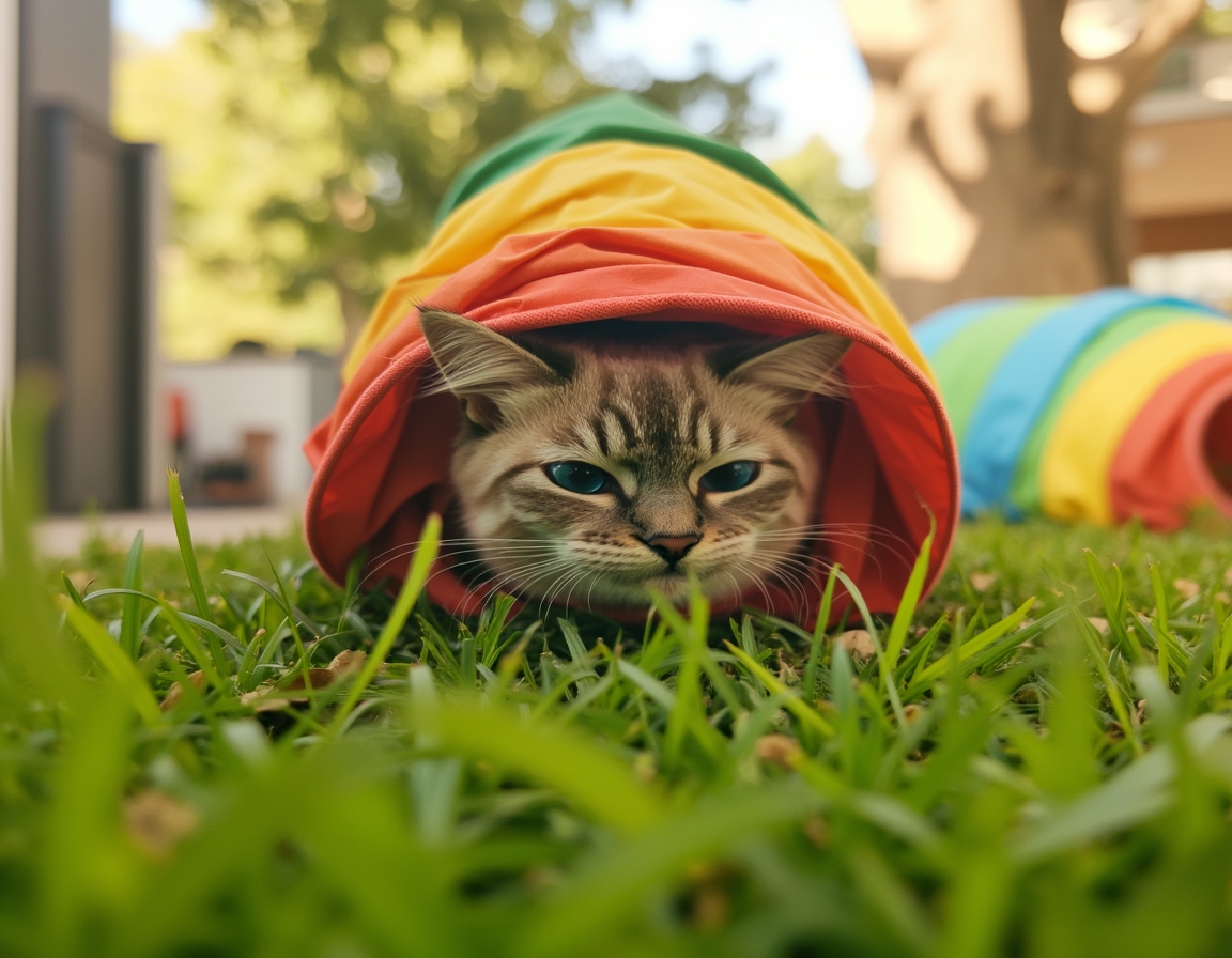 Cat explores a colorful play tunnel in a lively garden, its curious expression capturing the playful moment.